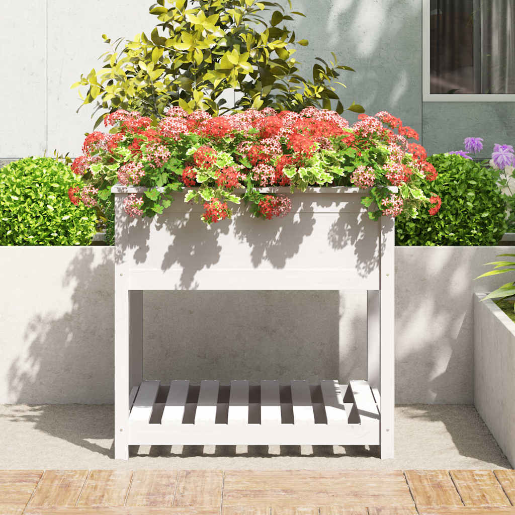 Vidaxl plantenbak met schap 82,5x82,5x81 cm massief groenhout wit