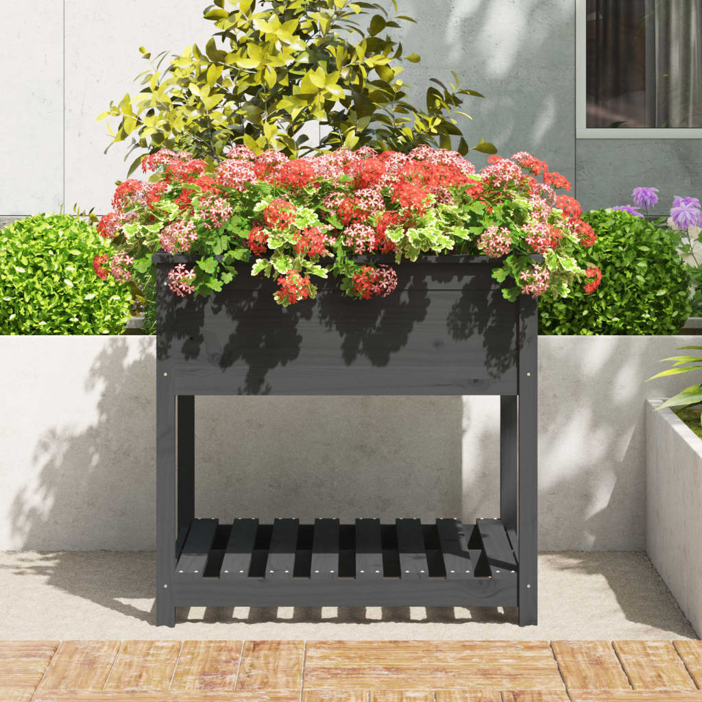 Vidaxl plantenbak met schap 82,5x82,5x81 cm massief groenenhout grijs