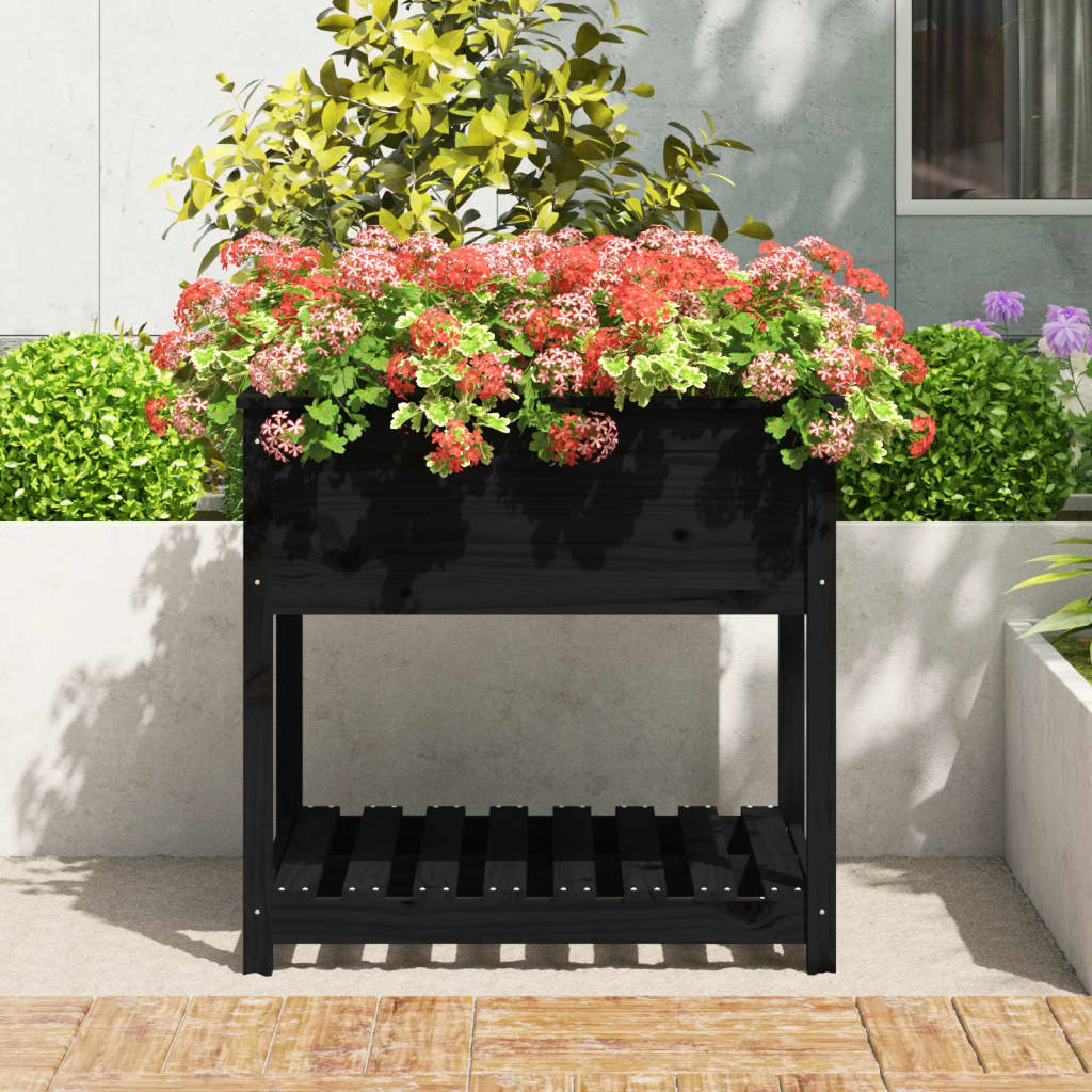 Vidaxl plantenbak met schap 82,5x82,5x81 cm massief groenenhout zwart