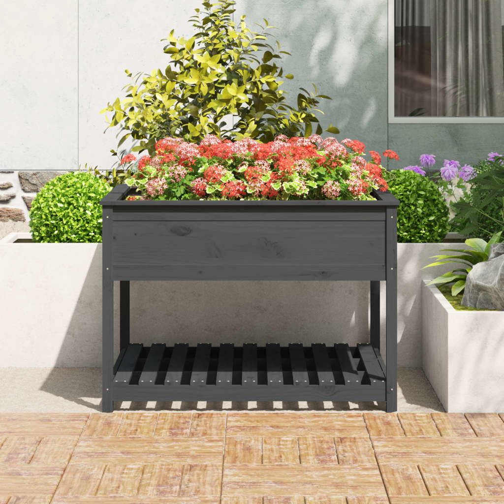 Vidaxl plantenbak met schap 111,5x111,5x81 cm massief groenhout grijs