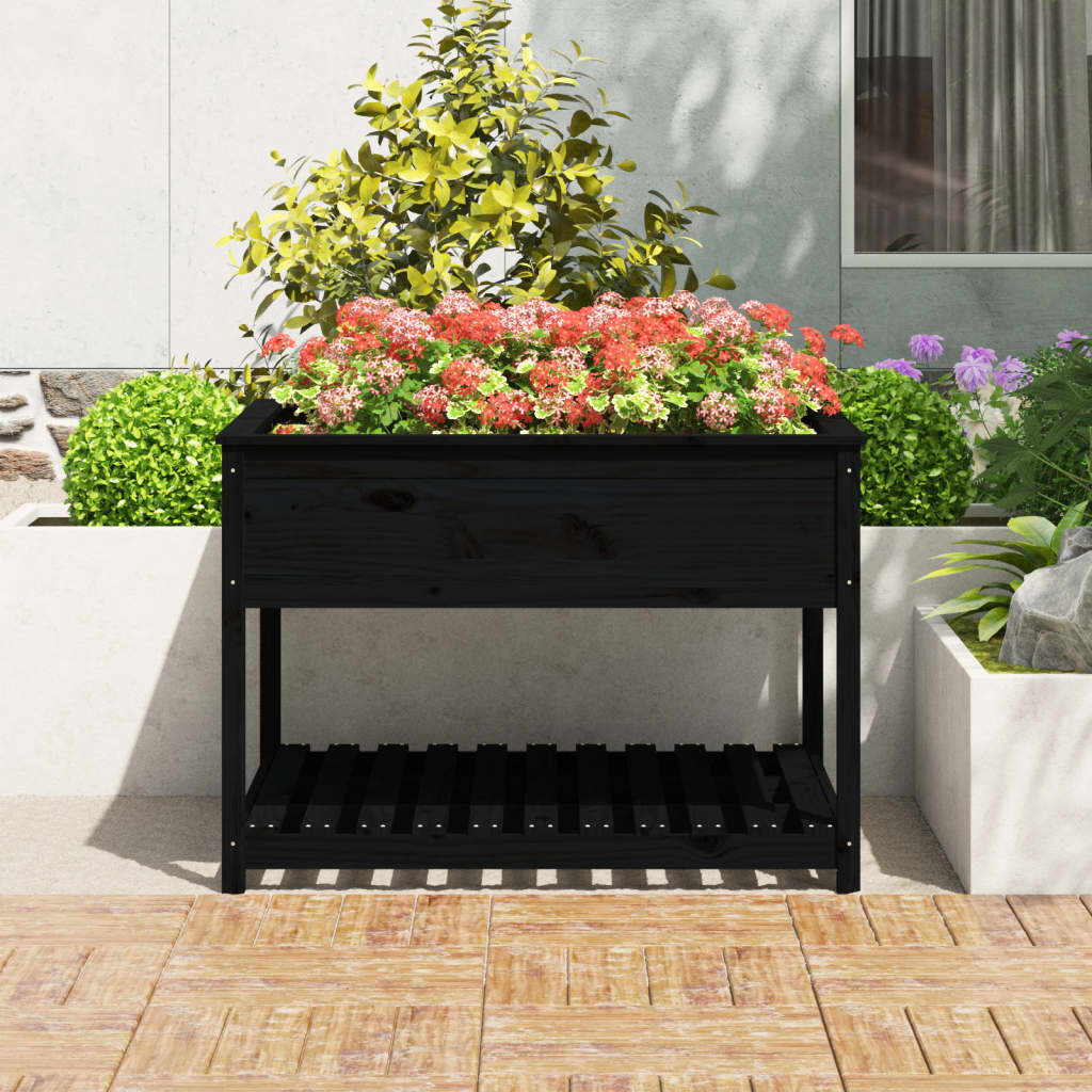 Vidaxl plantenbak met schap 111,5x111,5x81 cm massief groenenhout zwart