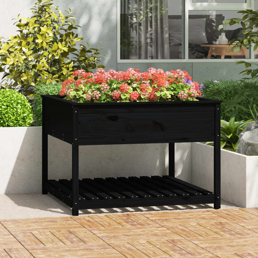Vidaxl plantenbak met schap 111,5x111,5x81 cm massief groenenhout zwart