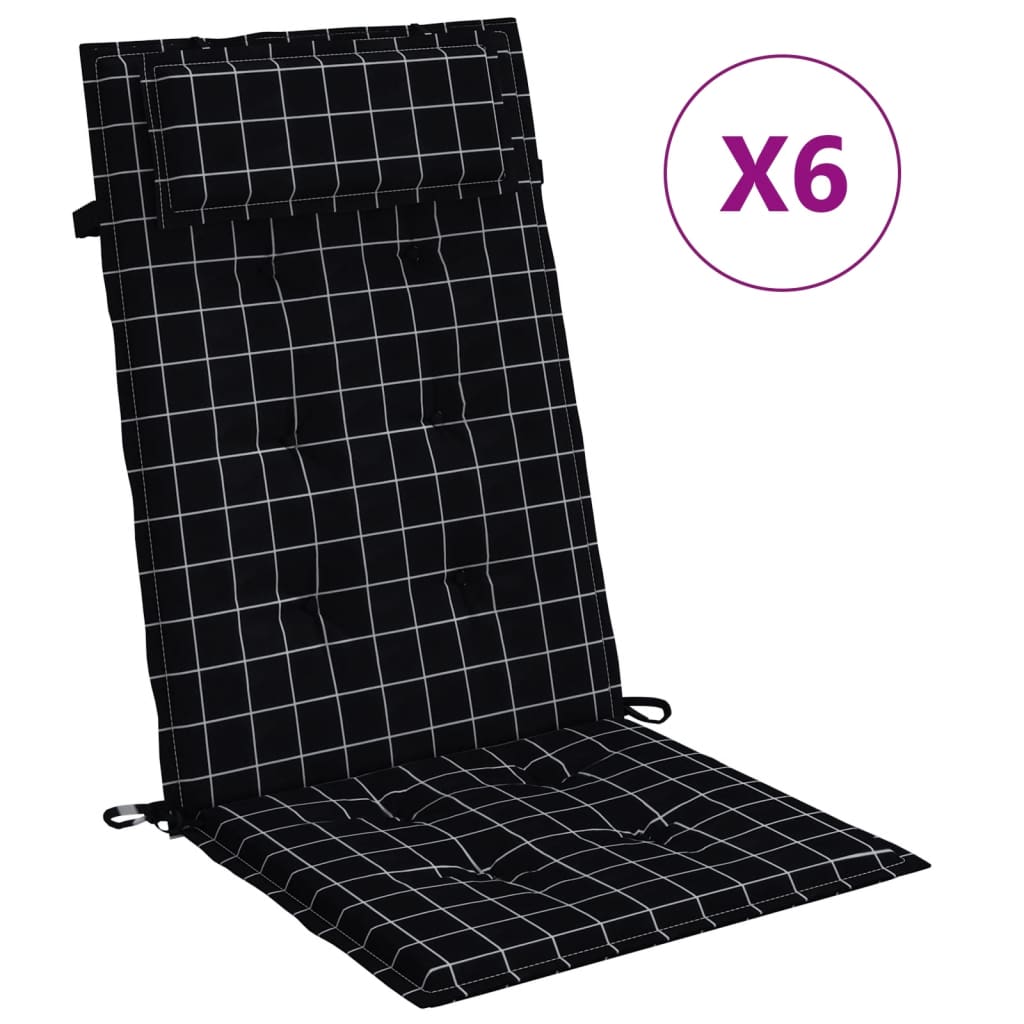 VidaXL Stoelkussens 6 st hoge rug ruitpatroon oxford stof zwart