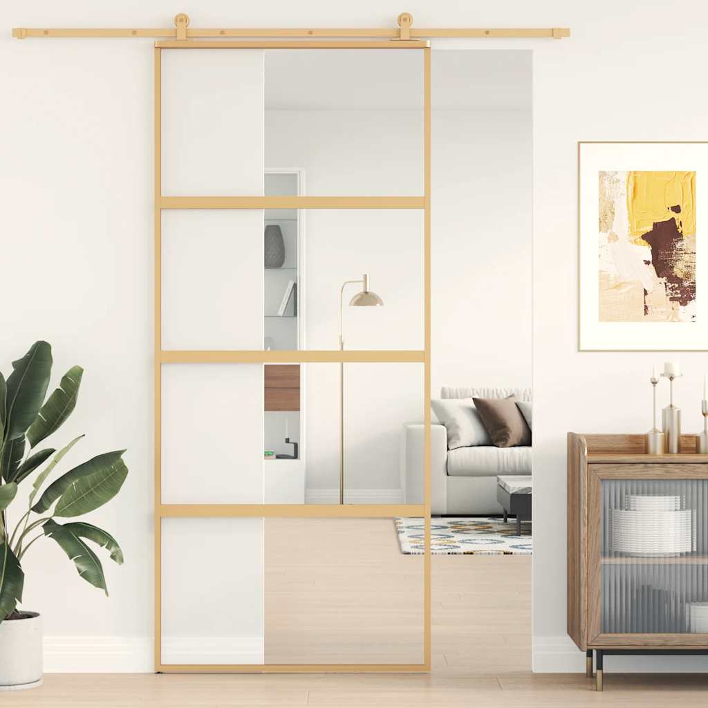 Vidaxl schuifdeur 90x205 cm helder esg-glas en aluminium goudkleurig