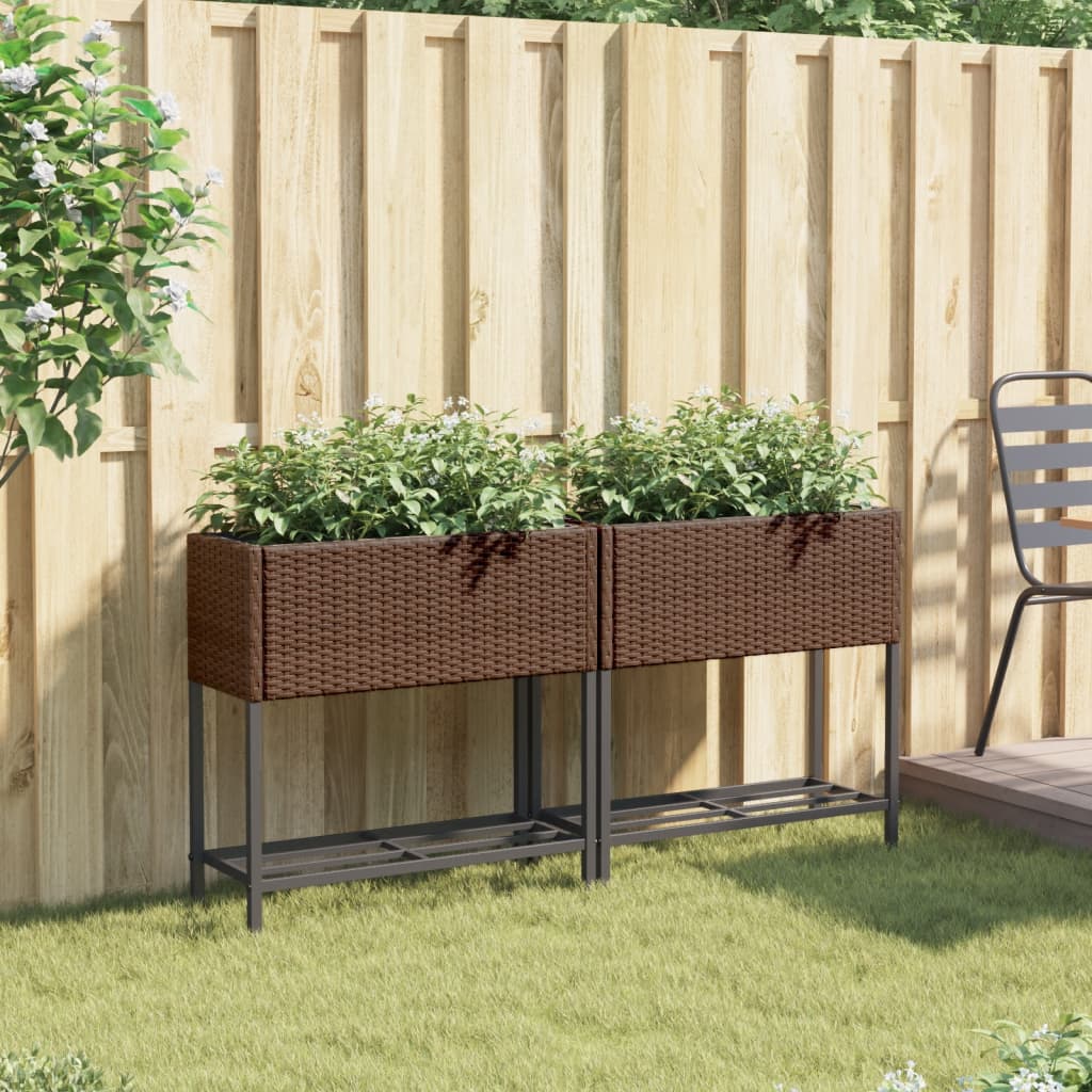 VidaXL Plantenbakken met schap 2 st 70x28x70 poly rotan bruin