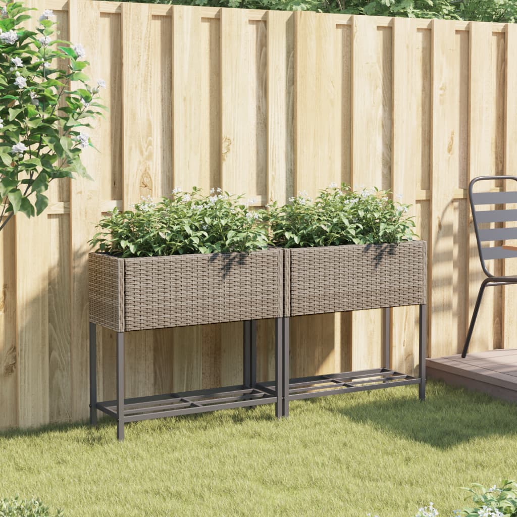 VidaXL Plantenbakken met schap 2 st 70x28x70 poly rotan grijs