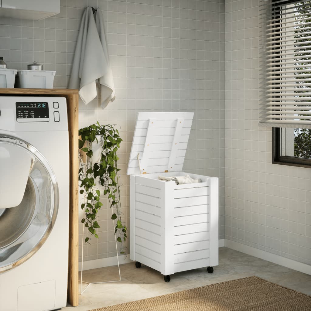 Vidaxl wasmand met wielen rana 45x45x64 cm massief groenhout wit