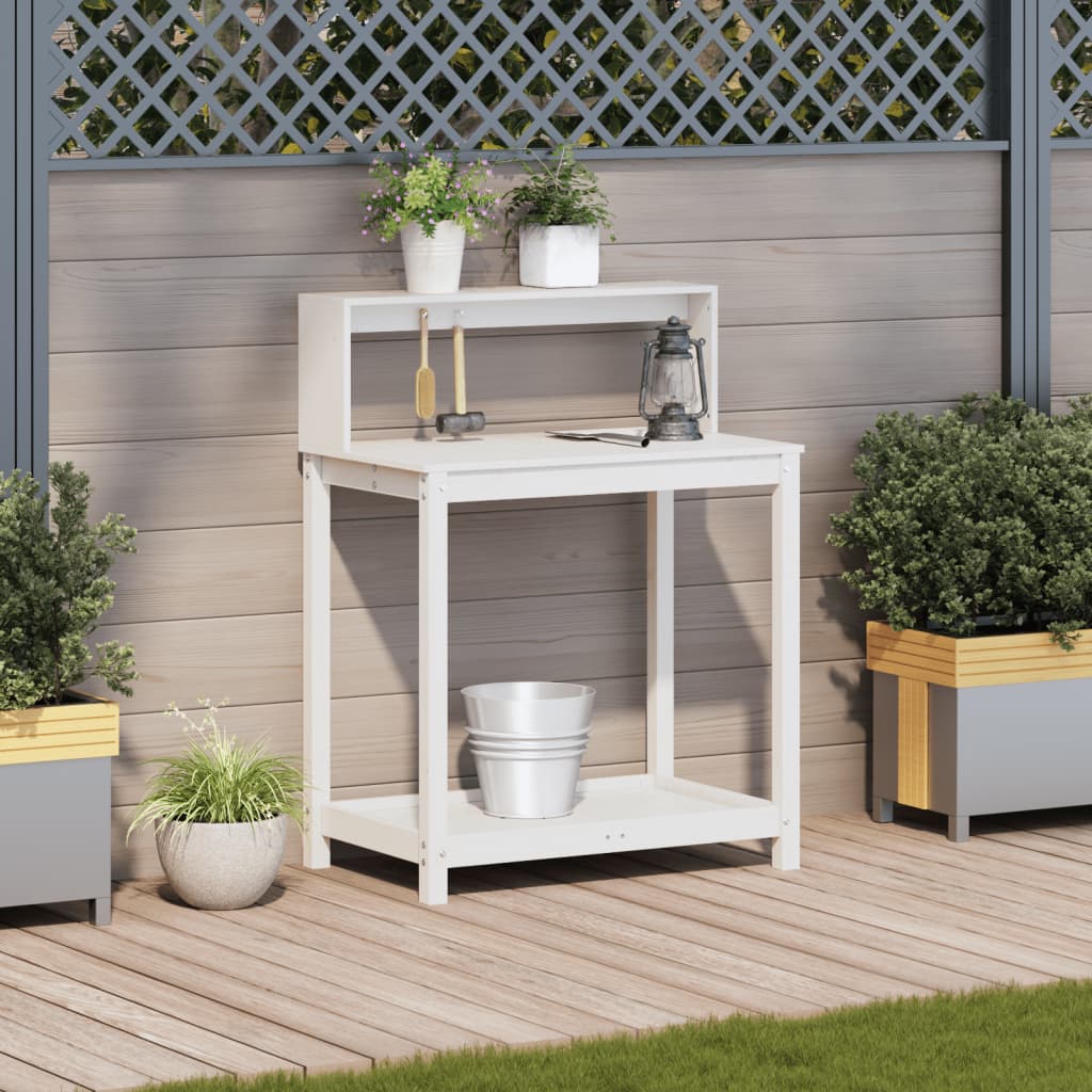 Vidaxl oppottafel met schappen 82,5x50x109,5 cm massief groenhout wit