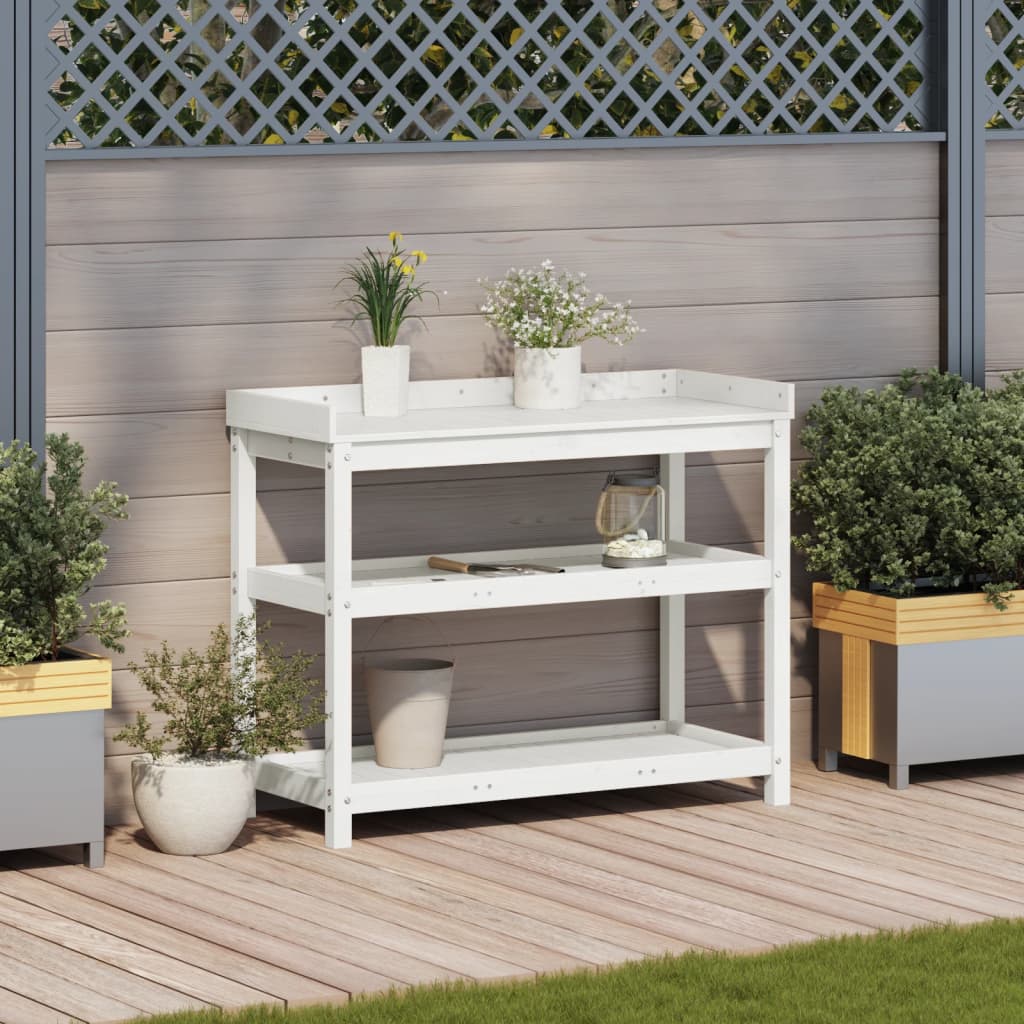 Vidaxl oppottafel met schappen 108x45x86,5 cm massief groenhout wit