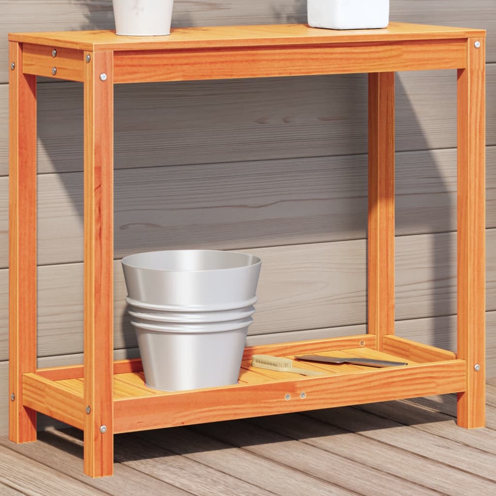 Vidaxl oppottafel met schap 82,5x35x75 cm massief groenhout wasbruin