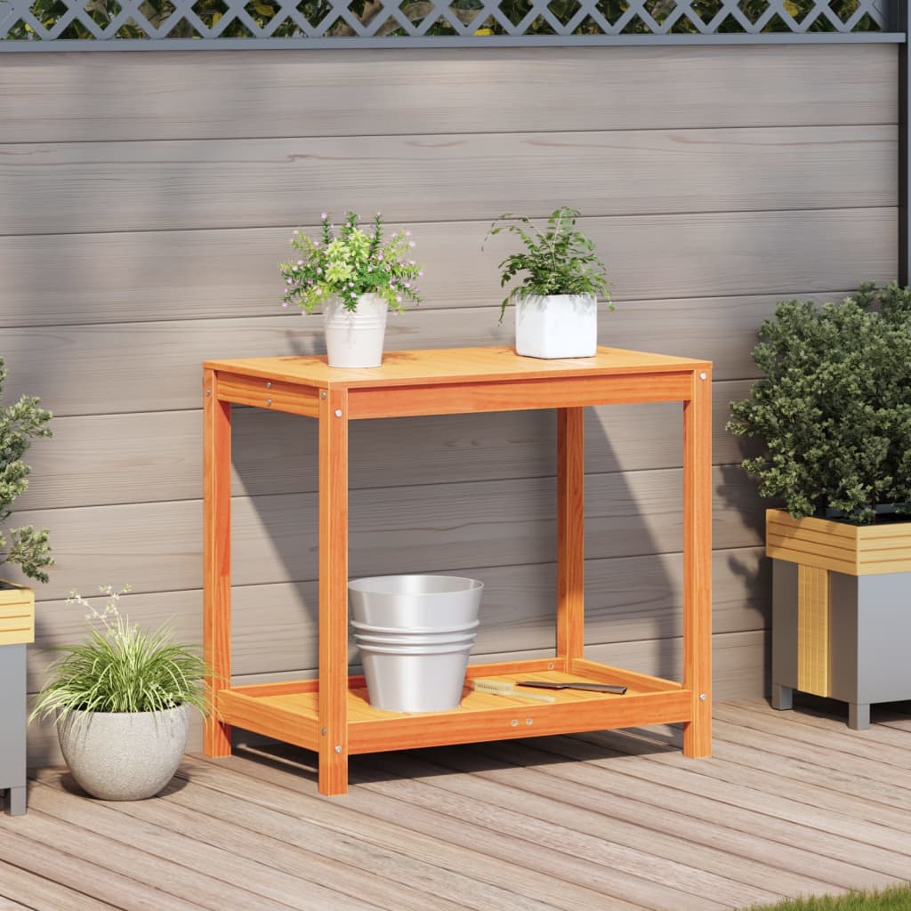 Vidaxl oppottafel met schap 82,5x50x75 cm massief groenhout wasbruin