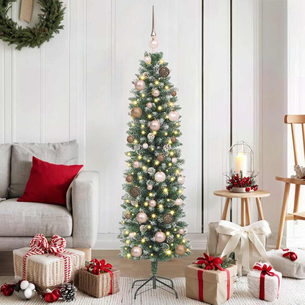 Vidaxl kunstmatige slanke kerstboom met 150 led groen en wit 150 cm