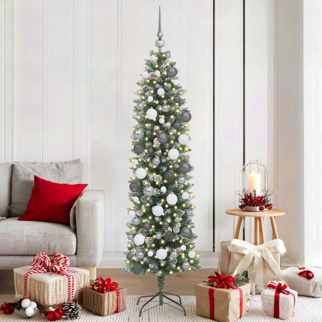 Vidaxl kunstmatige slanke kerstboom met 300 led groen en wit 180 cm