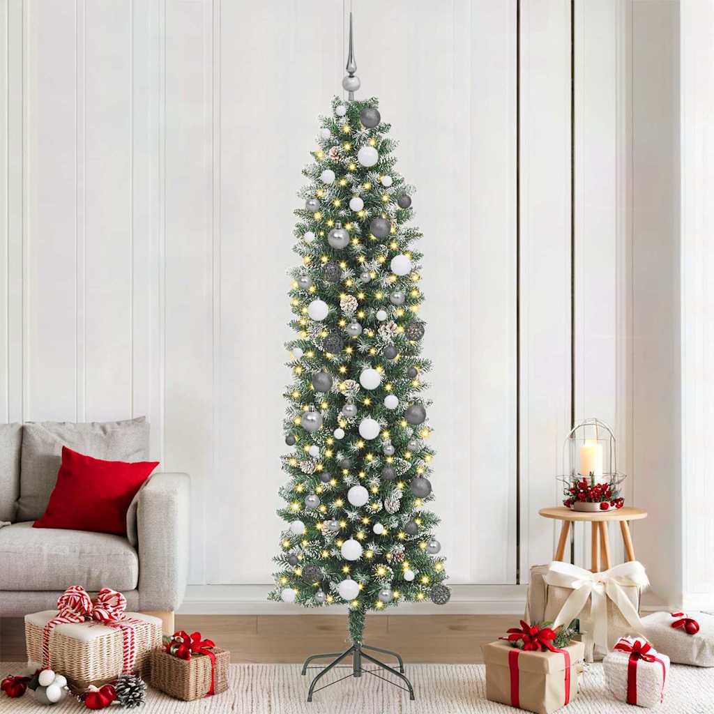 Vidaxl kunstmatige slanke kerstboom groen en wit 210 cm