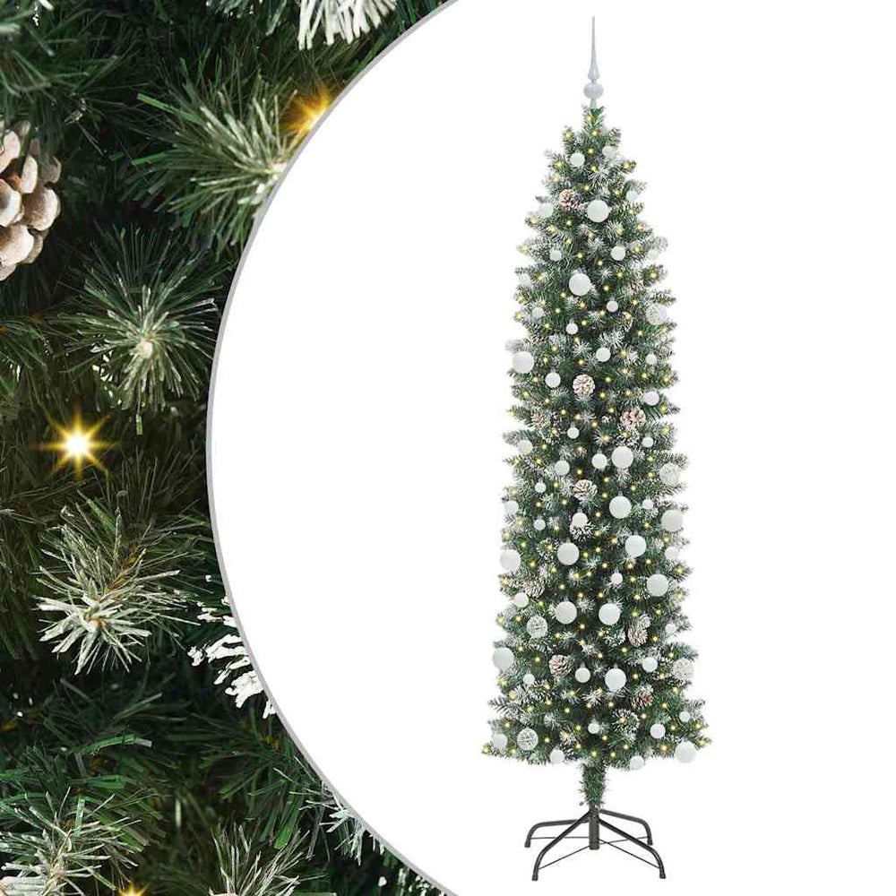 Vidaxl kunstmatige slanke kerstboom met 300 led groen en wit 210 cm