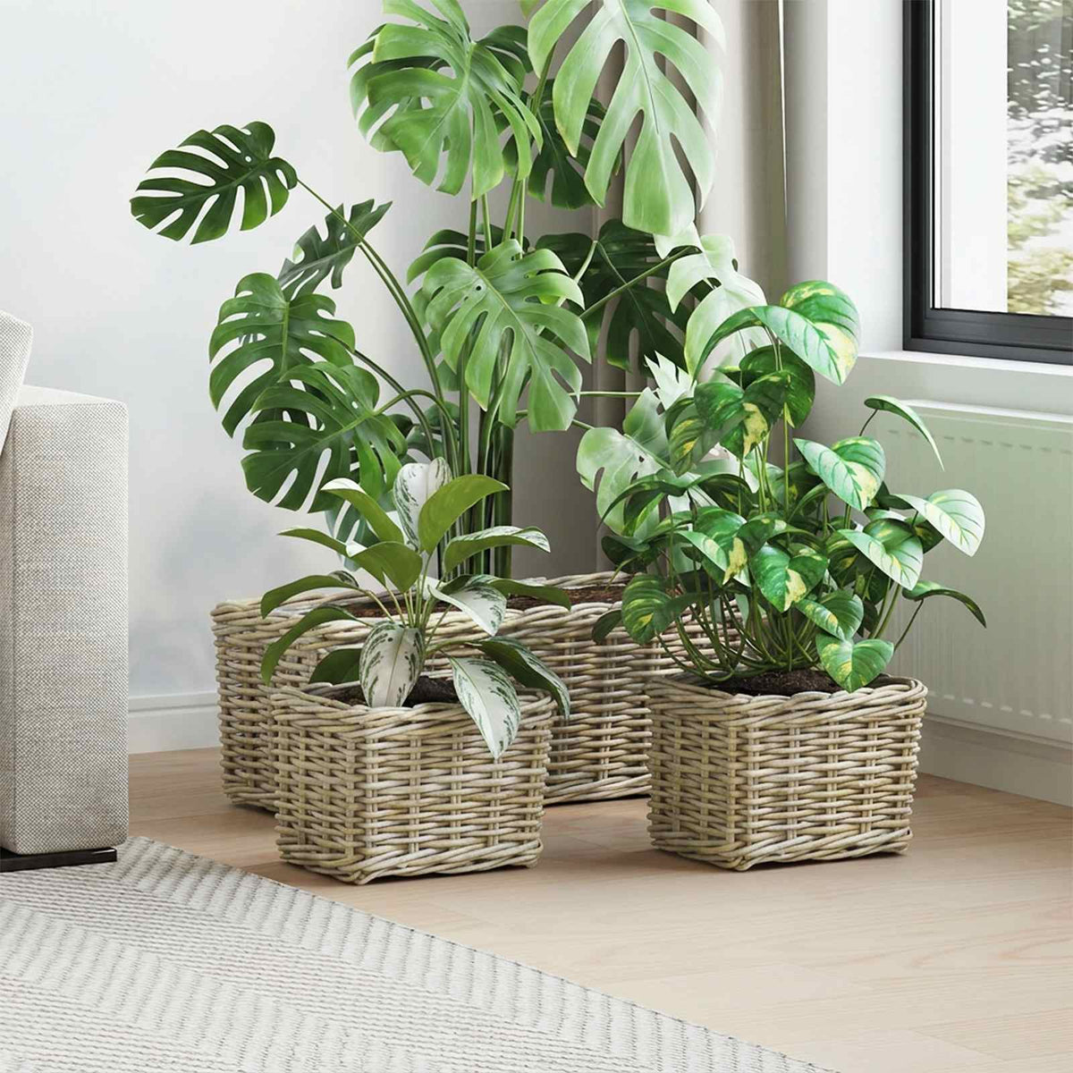 Vidaxl plantenmand met opslag gendt 3 st natuurlijk grijs kubu rattan