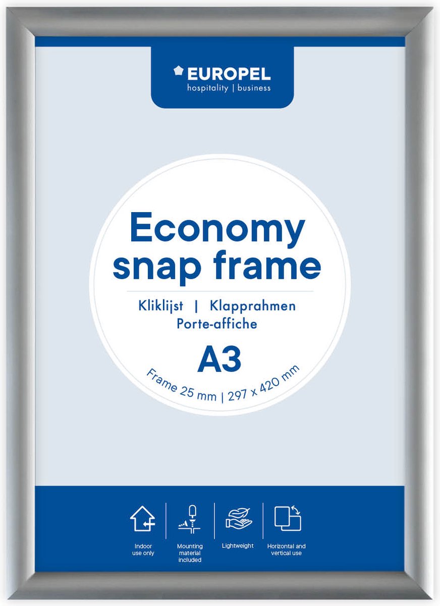 Europel economy kliklijst – posterlijst – a3 – 42 x 29,7 cm – 25mm – aluminium – zilver