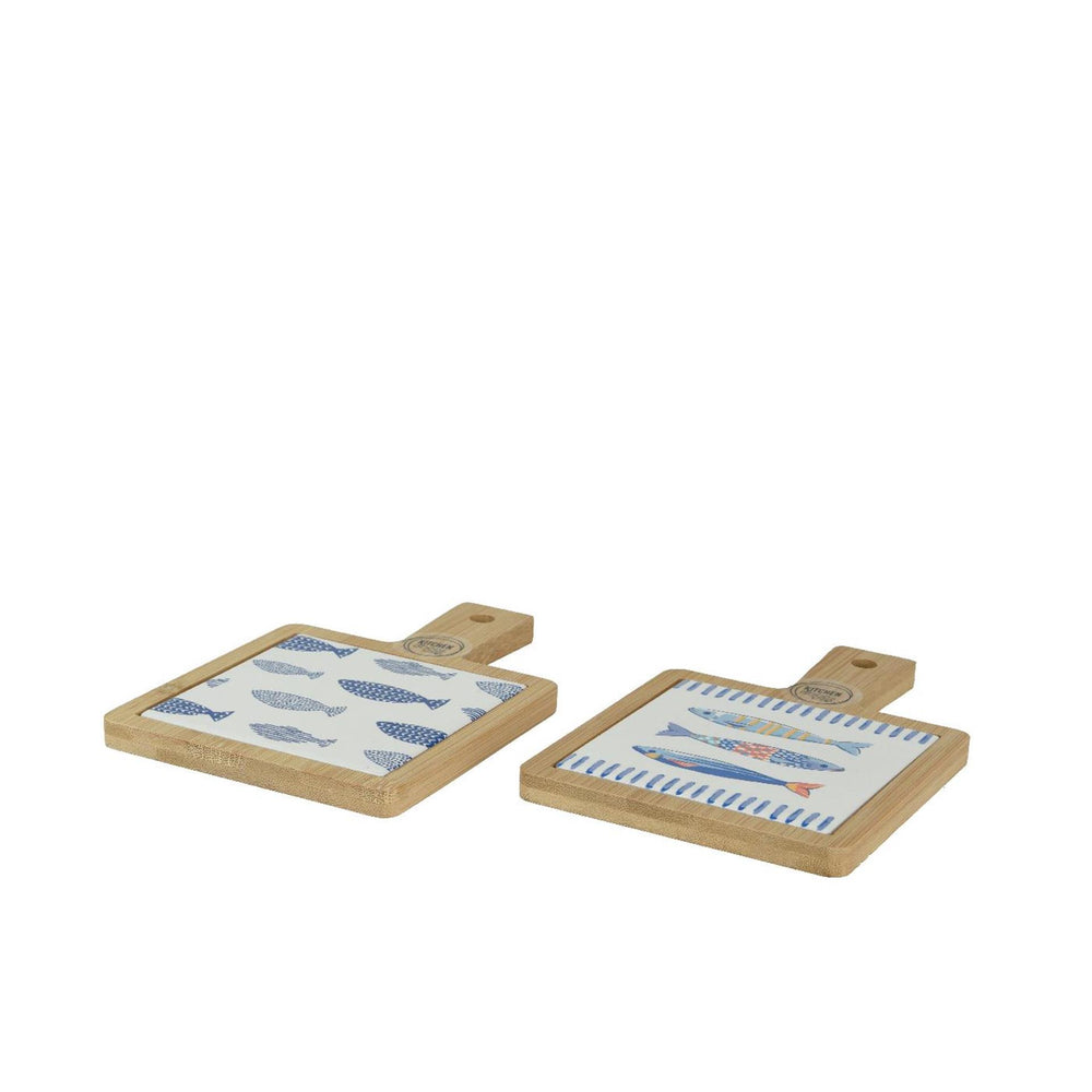 Decoris snijplank met vissen porselein 18x12x1cm 2 assorti