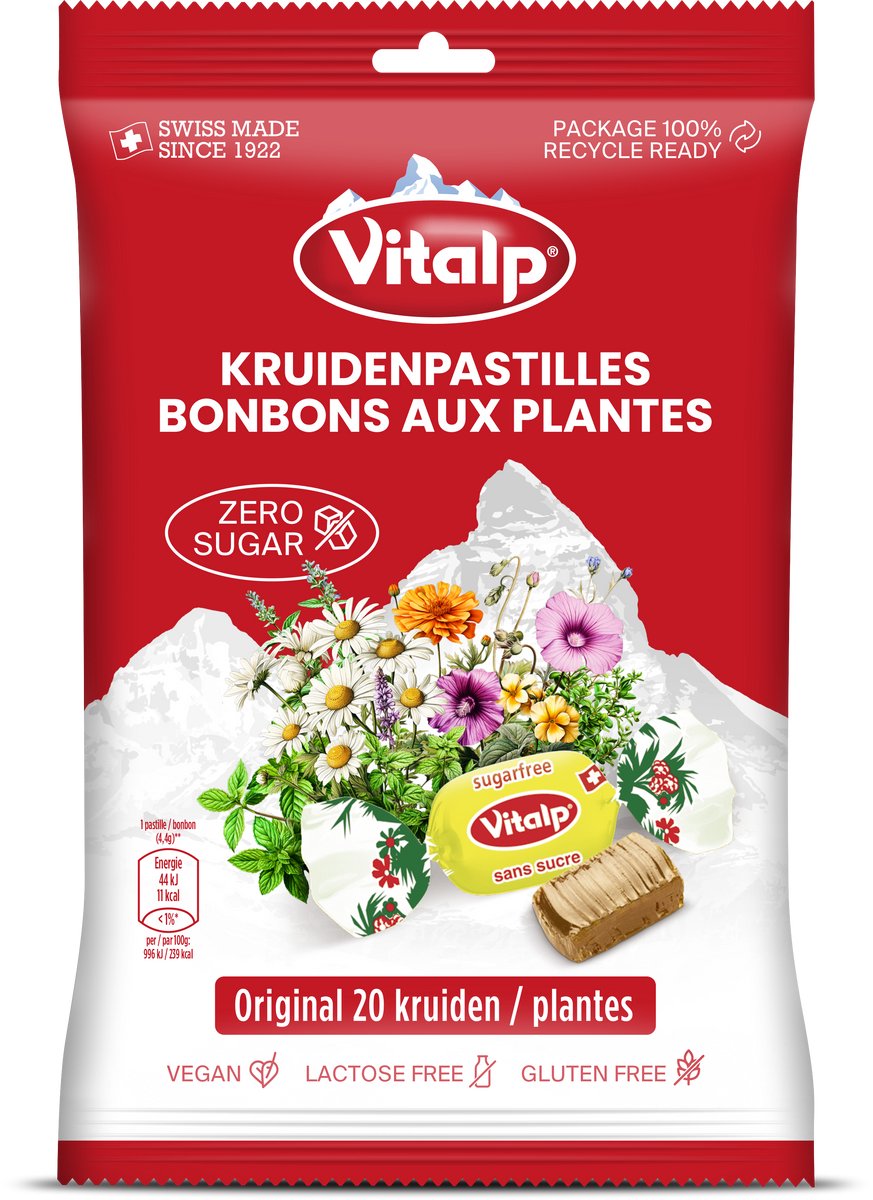 Vitalp - keelpastilles - original met 20 kruiden suikervrij - vegan - 16 zakjes - 75 gram
