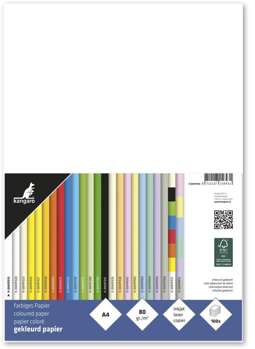 Kangaro gekleurd papier - formaat a4 - 80 grams - wit - pak 100 vel - k-0041f015