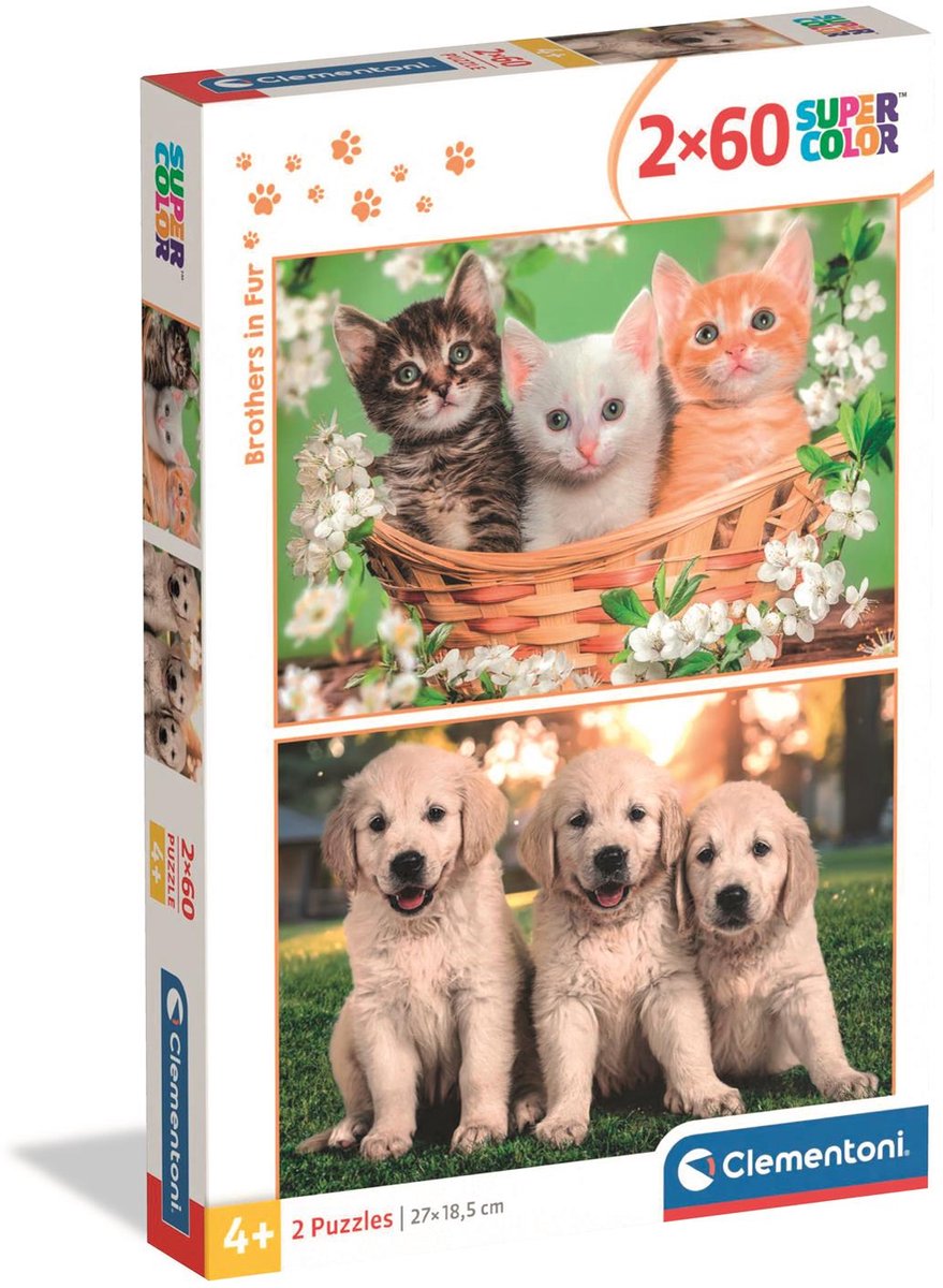Clementoni - puzzel - 2x60 stukjes - brothers in fur - puzzel voor kinderen - vanaf 4 jaar