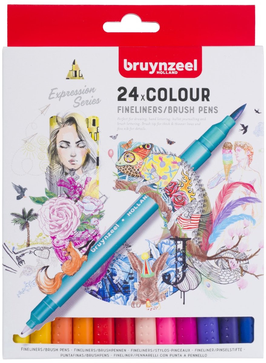 Bruynzeel fineliner brushpennen set - 24 kleuren voor tekenen.