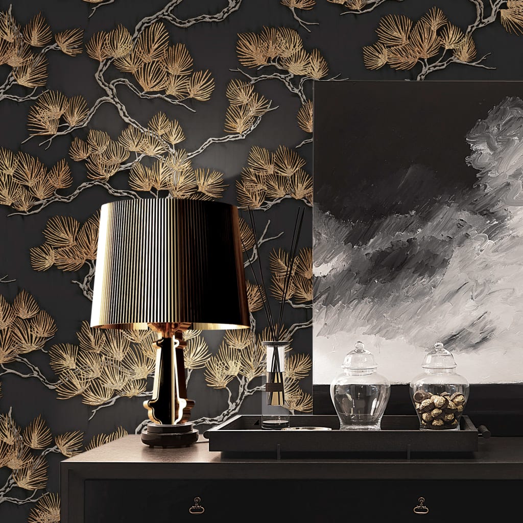 Dutch wallcoverings behang dennenboom zwart en goudkleurig