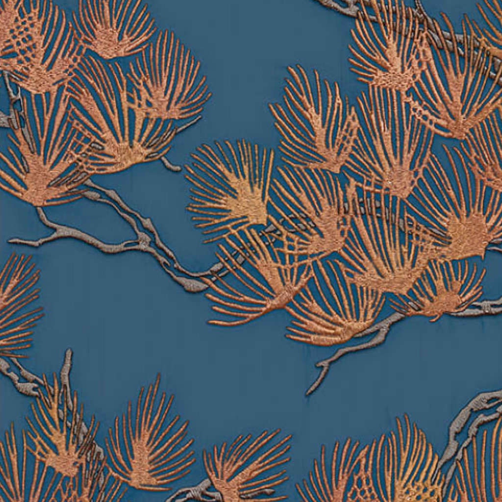 Dutch wallcoverings behang dennenboom goudkleurig en blauw