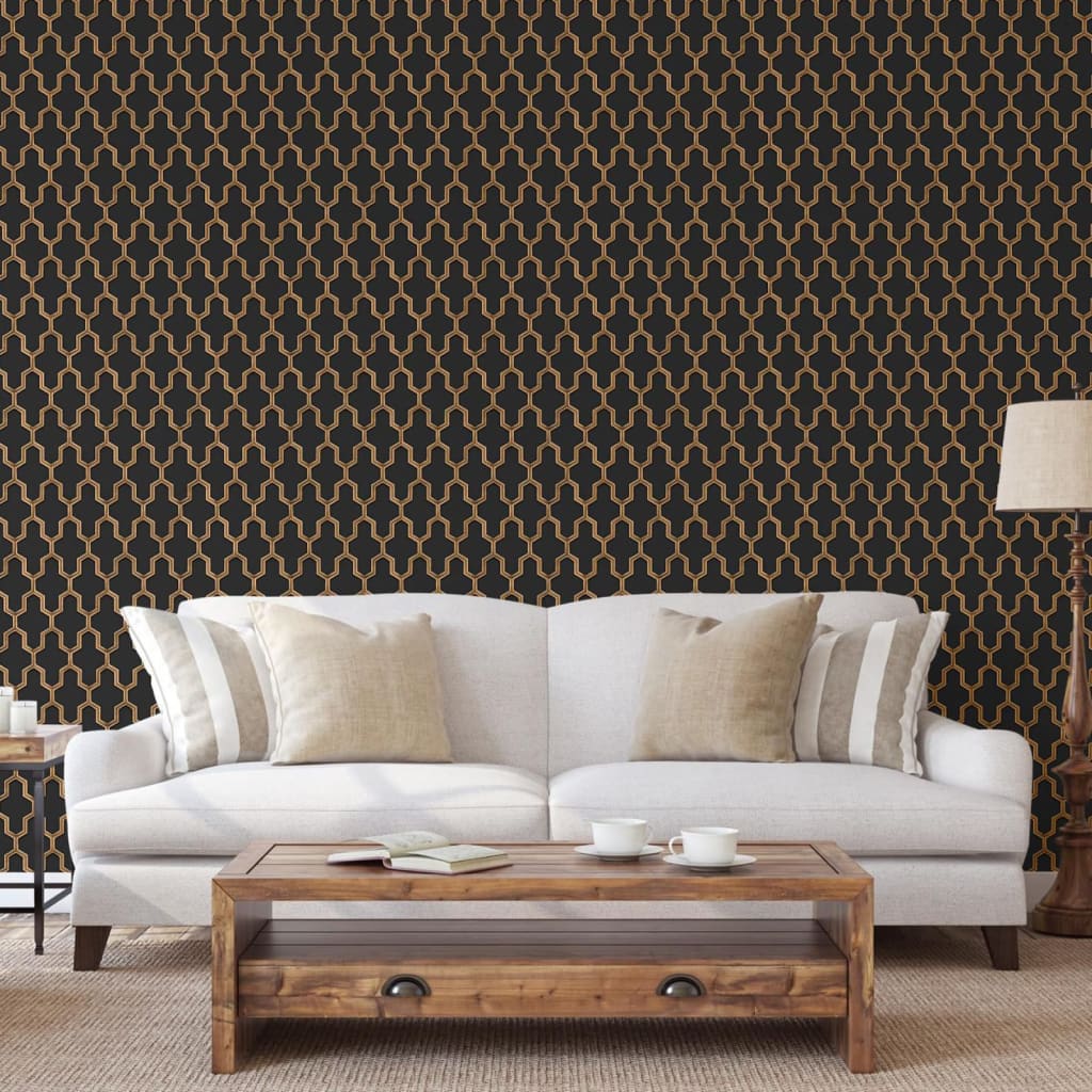 Dutch wallcoverings behang geometrisch zwart en goudkleurig