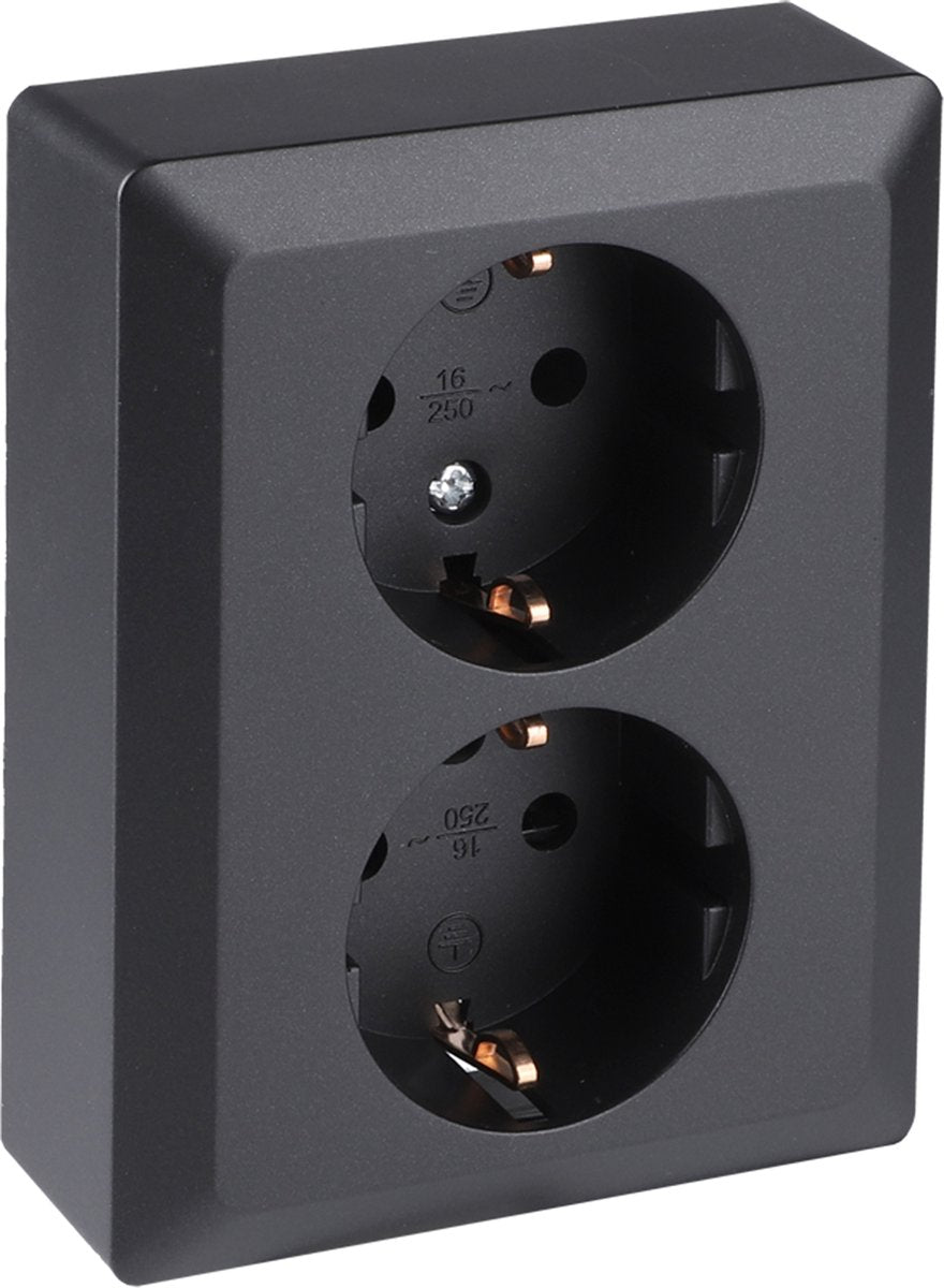 Q-link dubbel stopcontact � wandcontactdoos met kinderbeveiliging en aanraakbeveiliging � inbouw � zwart