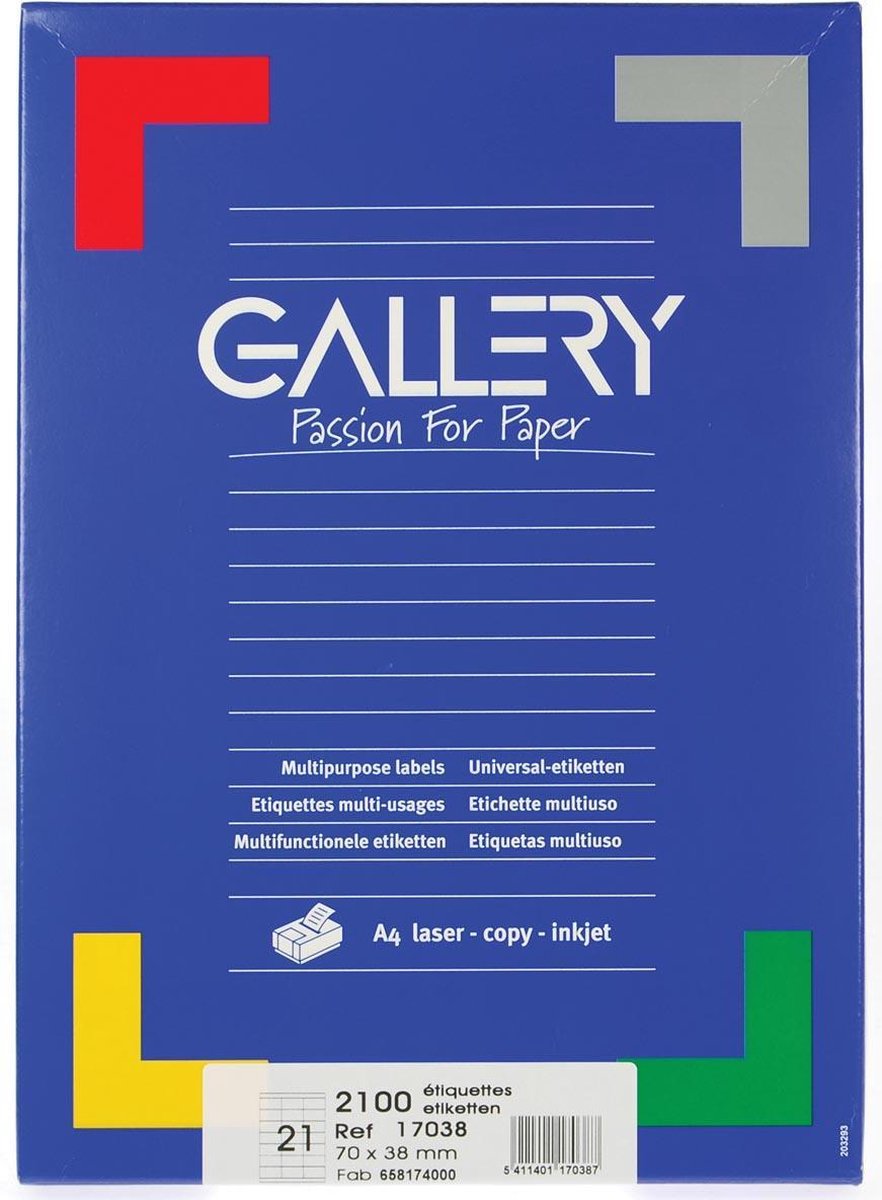 Gallery witte etiketten ft 70 x 38 mm (b x h), rechte hoeken, doos van 2.100 etiketten