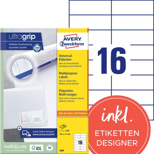 Avery etiketten zweckform 3484 universeel 105x37mm