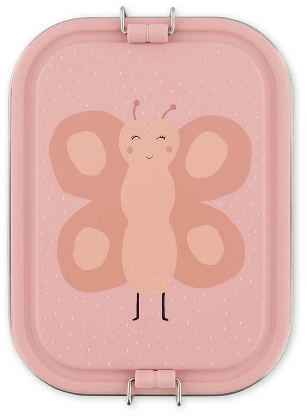 Trixie | brooddoos groot - mrs. butterfly - rsv lunchbox voor kinderen - makkelijk te openen - broodtrommel - 2 vakken - roze - rvs
