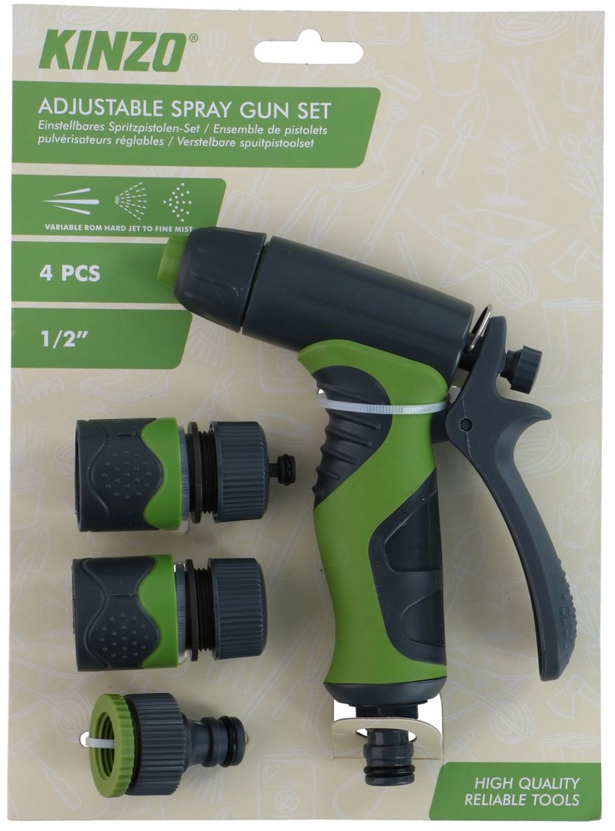 Kinzo verstelbare sproeipistool set 4-delig – adjustable spray gun set – van harde straal tot fijne nevel – inclusief 1 2” koppelingen adapter – voor tuinslang – ideaal voor tuin bewateren, schoonmaak en auto wassen – groen zwart