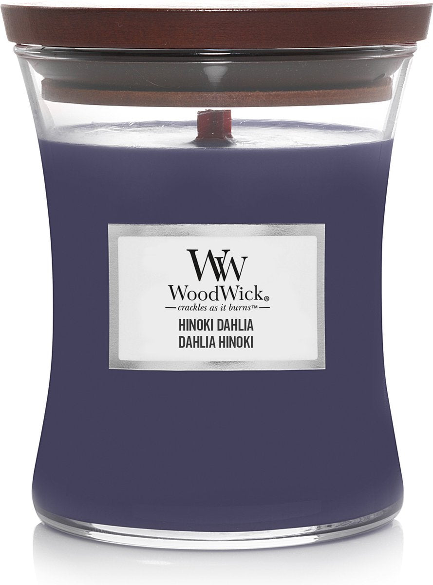 Woodwick hourglass medium geurkaars - hinoki dahlia - 60 branduren