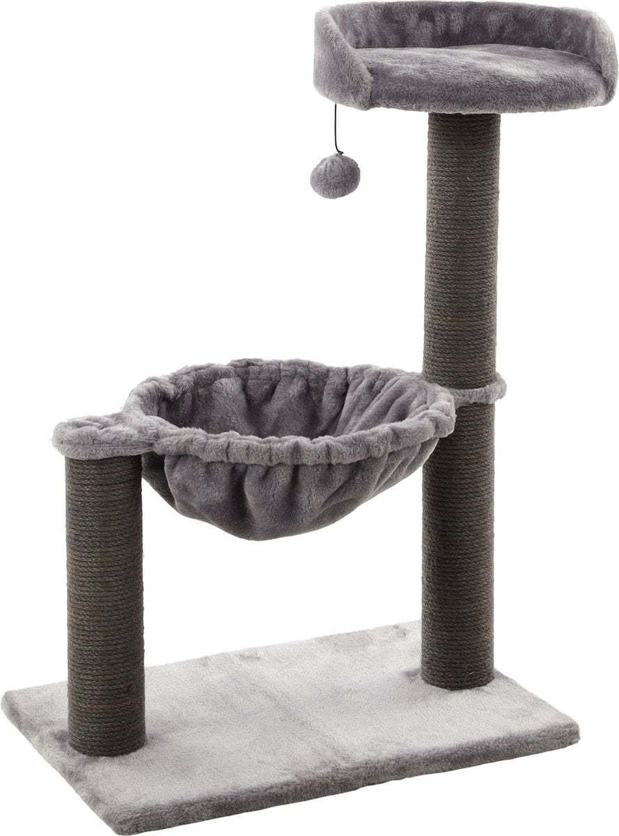 Flamingo krabpaal – wilma grijs – 58x33x69 cm – kattenkrabpaal met hangmat, ligplateau speeltje – kattenboom met jute krabtouw zachte pluche – compact kattenmeubel voor alle kattenrassen