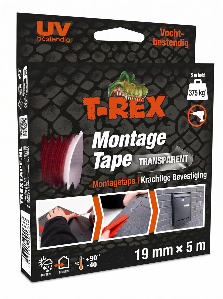 T-rex montagetape – extra sterke dubbelzijdige tape voor montage binnen en buiten – permanente bevestiging zonder boren of schroeven – draagvermogen tot 375 kg – 19 mm x 5 m