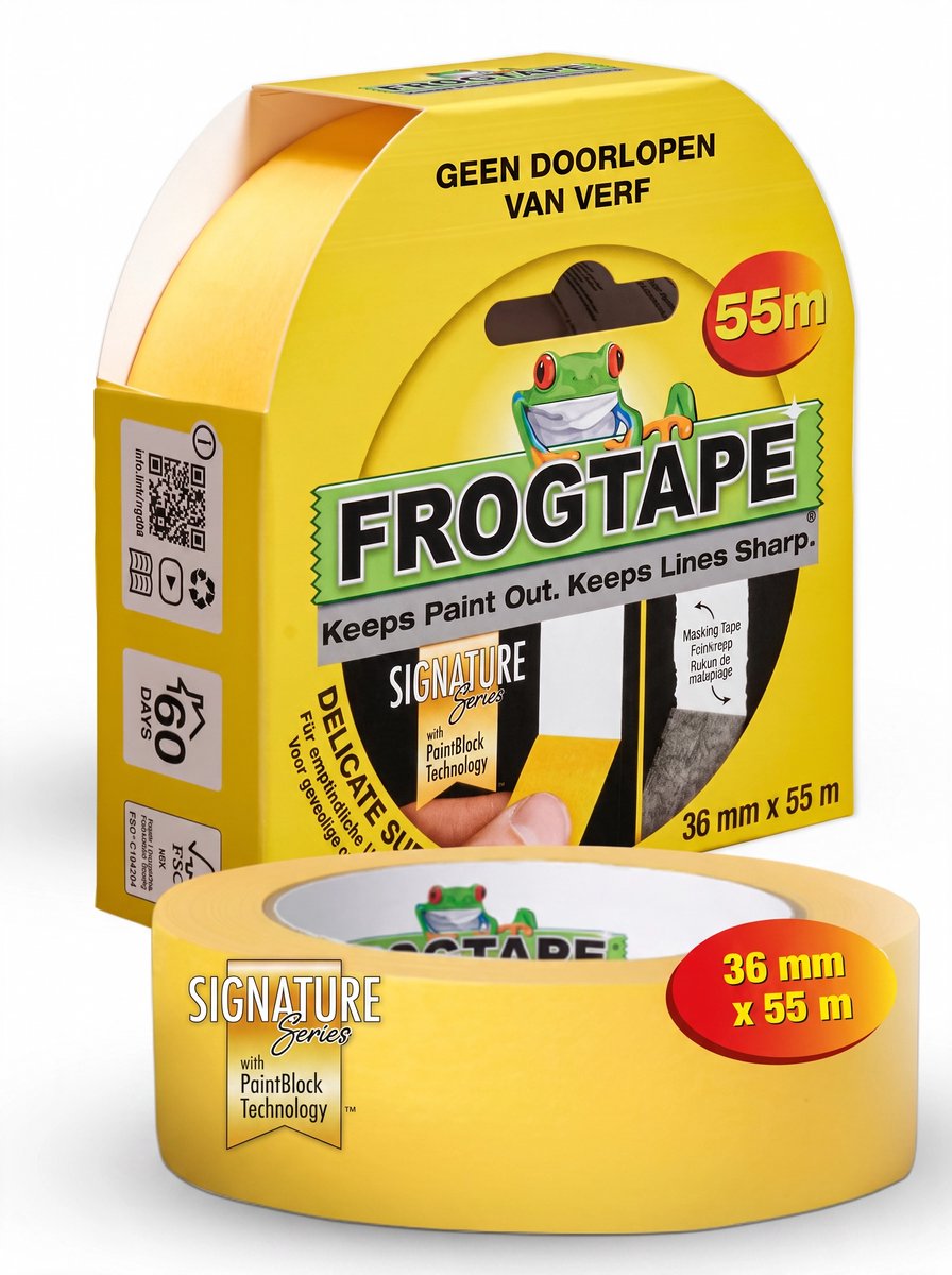 Kip frogtape delicate surface - afplaktape schilderstape - geel 36 mm x 55 m voor strakke lijnen zonder verfdoorloop - geschikt voor alle verftypes binnen en buiten op ruwe of vochtige oppervlakken - stevige papieren professionele kwaliteit