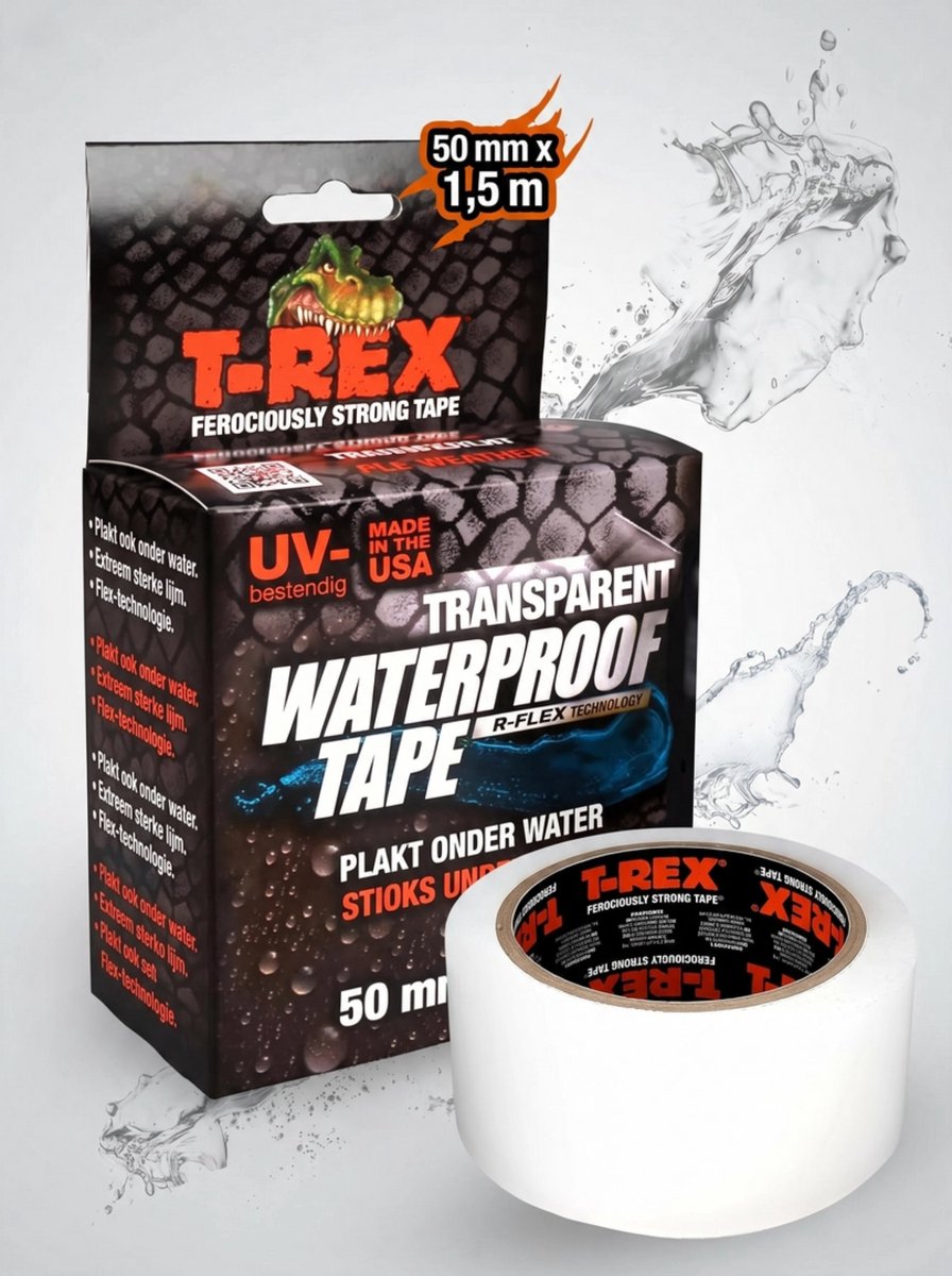 Kip t-rex waterproof - extra sterke waterdichte ducttape | weerbestendige zelfklevende afdichtingstape voor zwembaden, waterleidingen en huishoudelijk gebruik - hecht ook onder water | zwarte ducttape 50 mm x 1,5 m