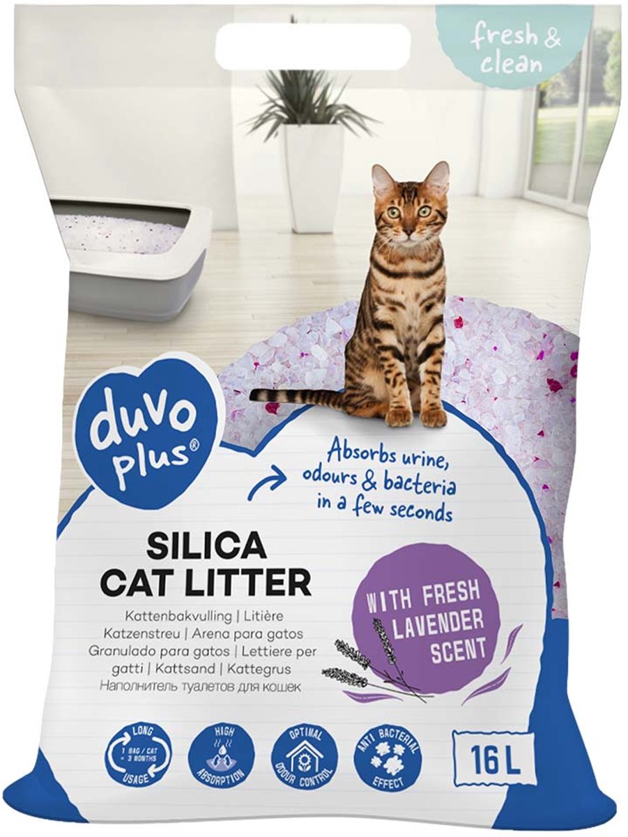 Duvo plus fresh clean kattenbakvulling premium silica lavendel voor kattenbakken 16l 6.3kg