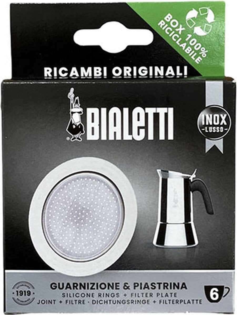 Bialetti filterplaatje + siliconen ring – geschikt voor 6-kops rvs percolators – origineel reserveonderdeel