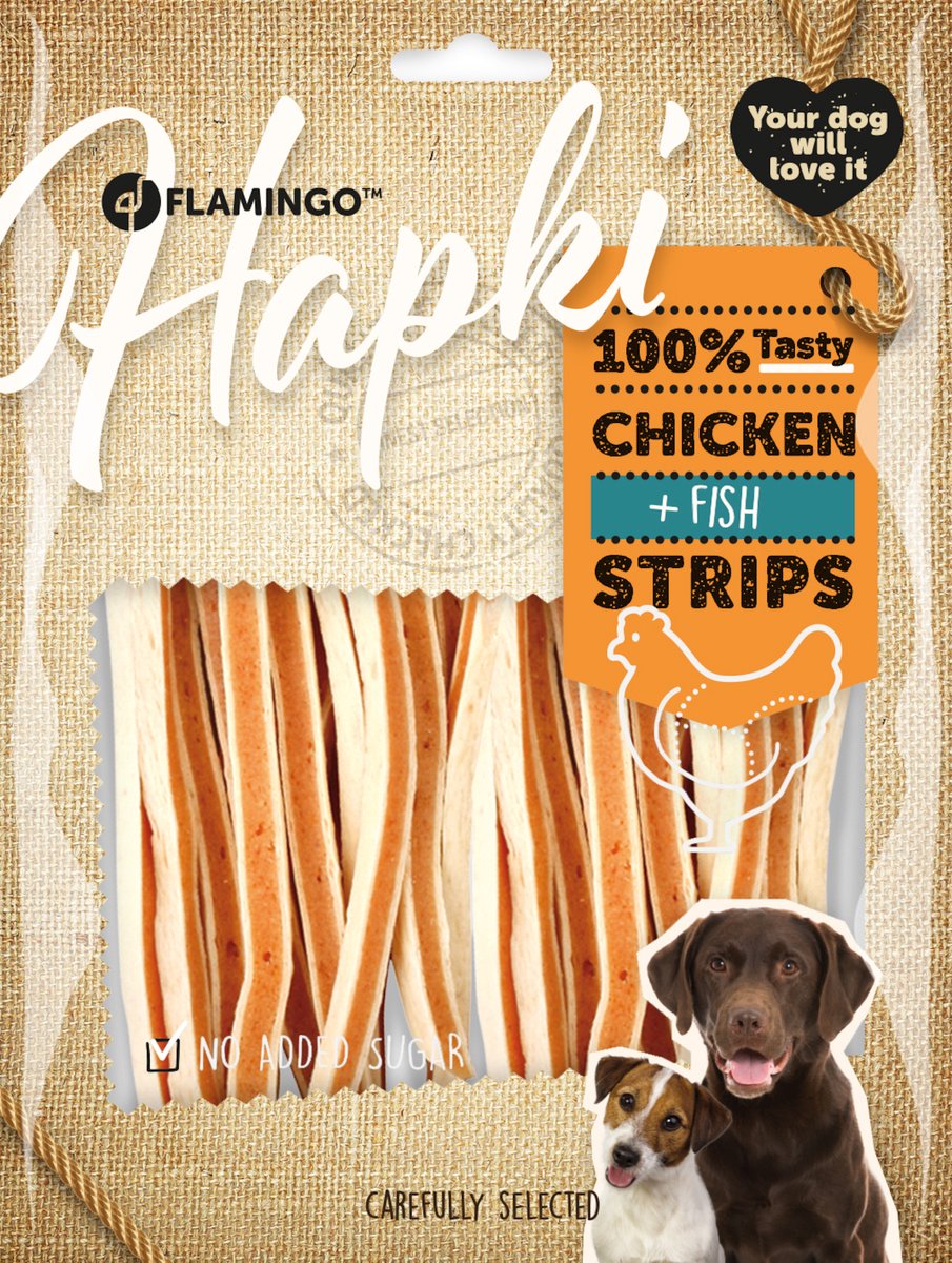 Flamingo hondensnack – strips met kip vis – hondensnacks – honden snacks – hondensnoepjes – glutenvrij – zonder toegevoegde suikers – 400g