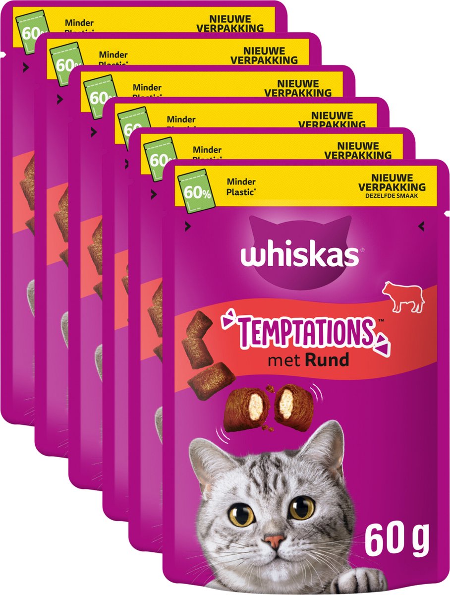 Whiskas kattensnacks - temptations snoepjes - rund - 6x60g