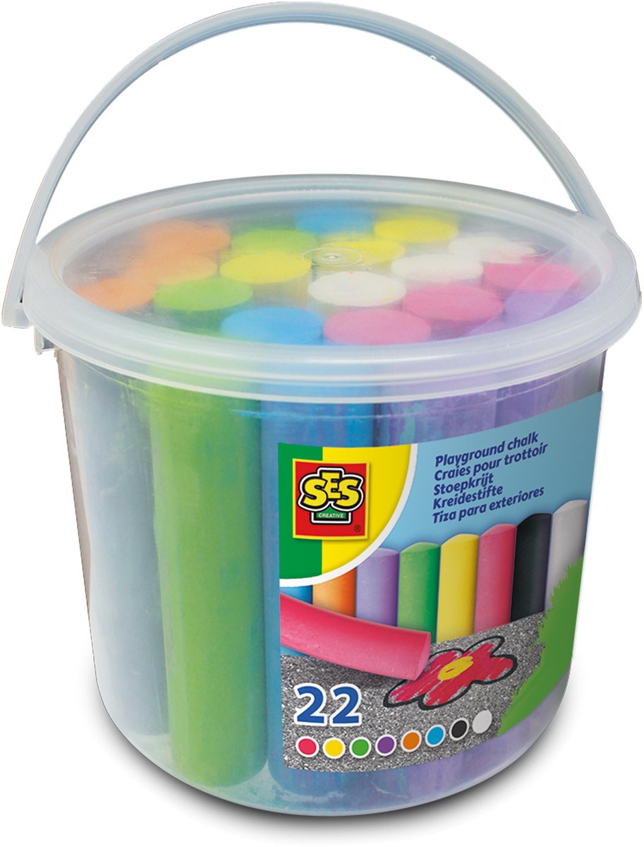 Ses creative ses - stoepkrijt emmer - 22 stuks - 8 kleuren inclusief zwart - stimuleert creativiteit
