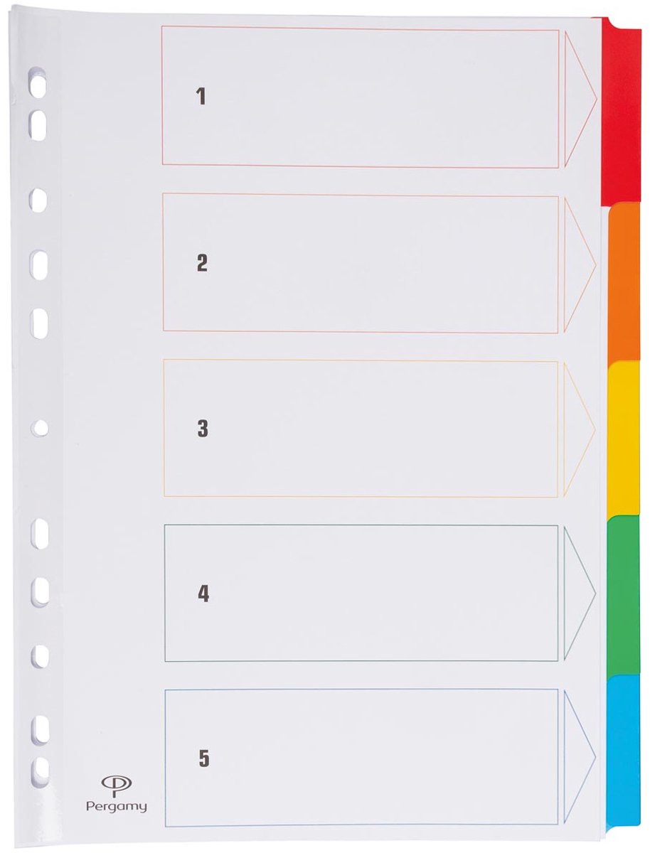 Pergamy tabbladen met indexblad | ft a4 | 11-gaatsperforatie | geassorteerde kleuren | 5 tabs