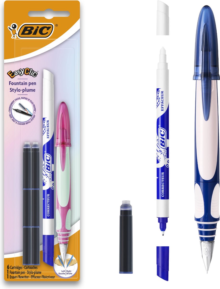 Bic easy clic ergonomische vulpen - roze of blauw- rechts- of linkshandig - 1 vulpen met inktwisser en 6 inktpatronen
