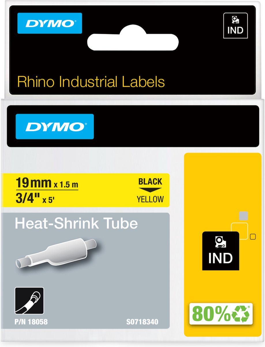 Dymo rhino industriële heat-shrink tube-labels | 19 mm x 1,5 m | zwarte afdruk op geel | voor rhino labelprinters