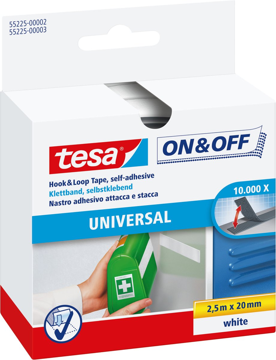 Tesa klittenband on off zelfklevend voor lichte voorwerpen bevestigen – wit 2cm x 250cm