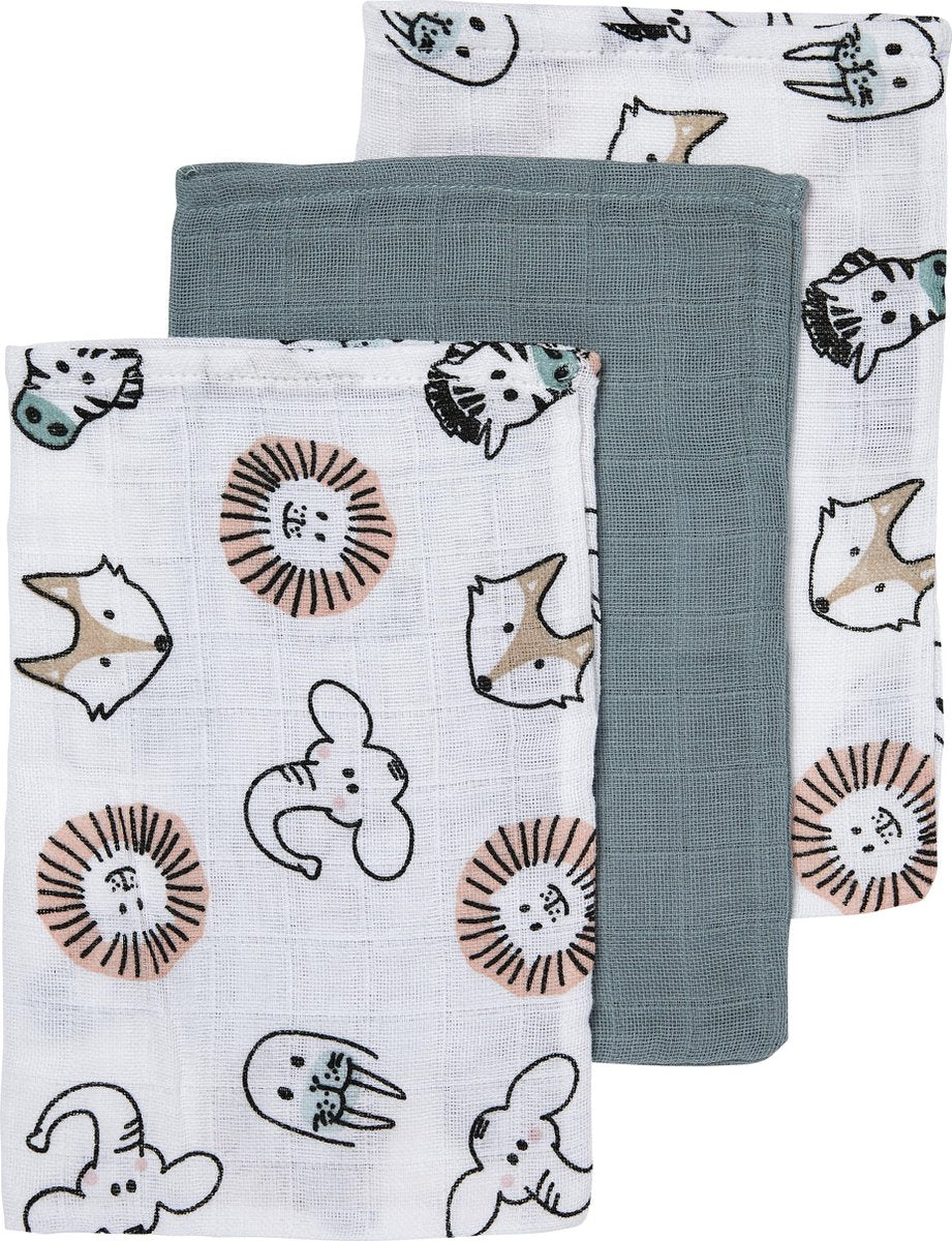 Meyco baby animal washandjes - 3-pack - hydrofiel - multicolour - 20x17cm