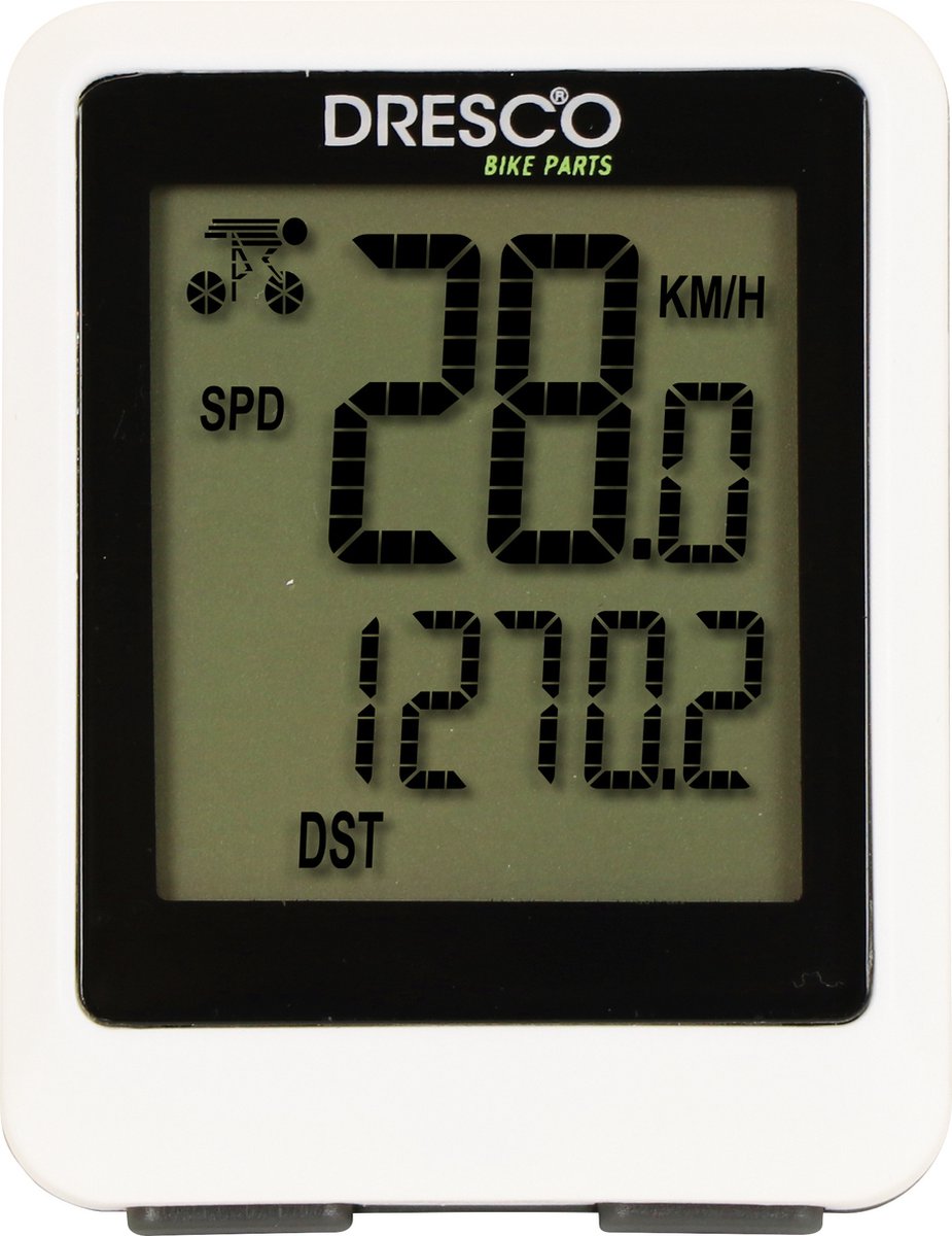 Dresco draadloze fietscomputer - 12 functies – grote display – scanfunctie – spatwaterdicht – incl. (cr2032) batterijen – klok (12 of 24 uur) - automatische start stop – achtergrondverlichting – incl. bevestigingsmaterialen - wit